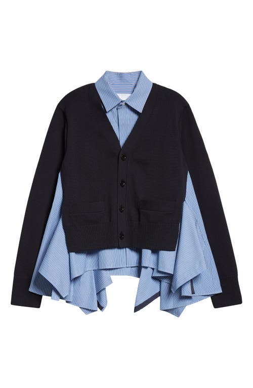 Shop Sacai Mixed Media Poplin & Knit Cardigan In Navy X Blue Stripe