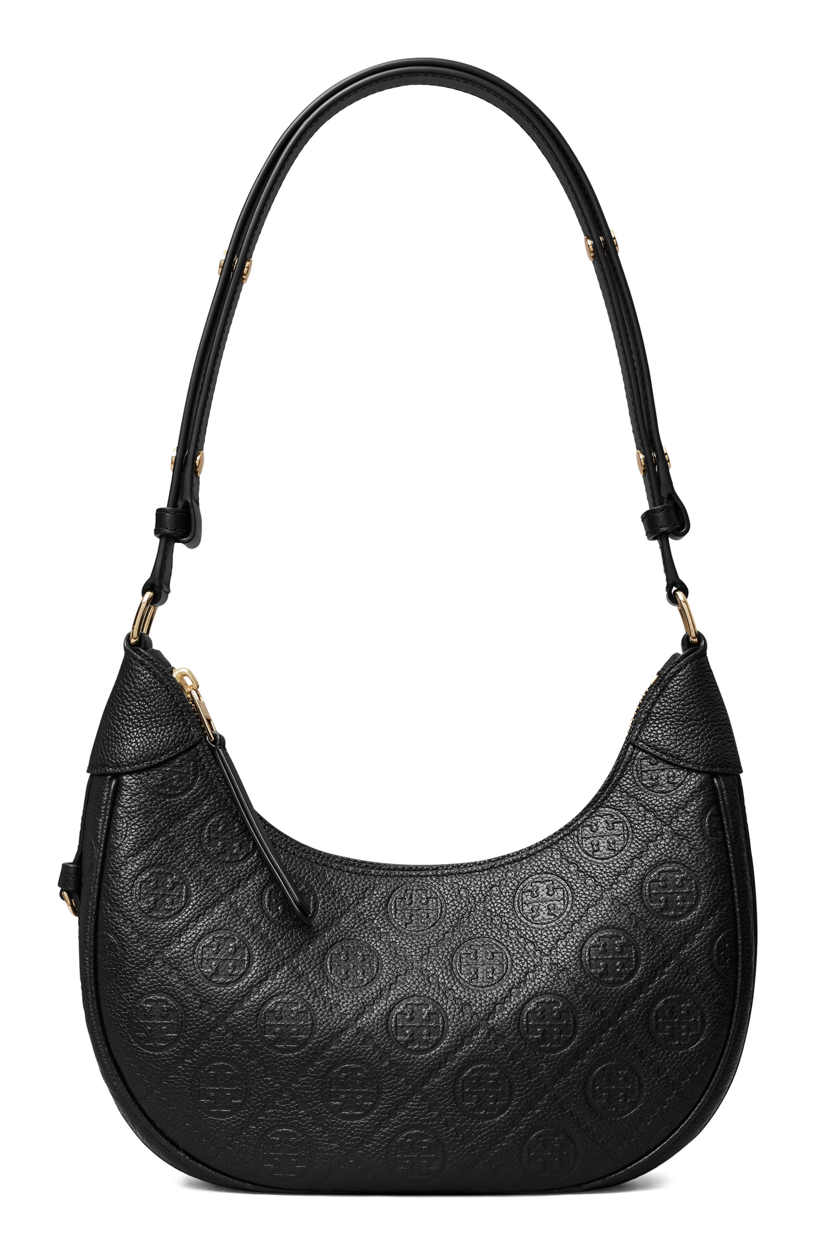 Tory Burch T Monogram Pebble Leather Crescent Shoulder Bag, Main, color, Black