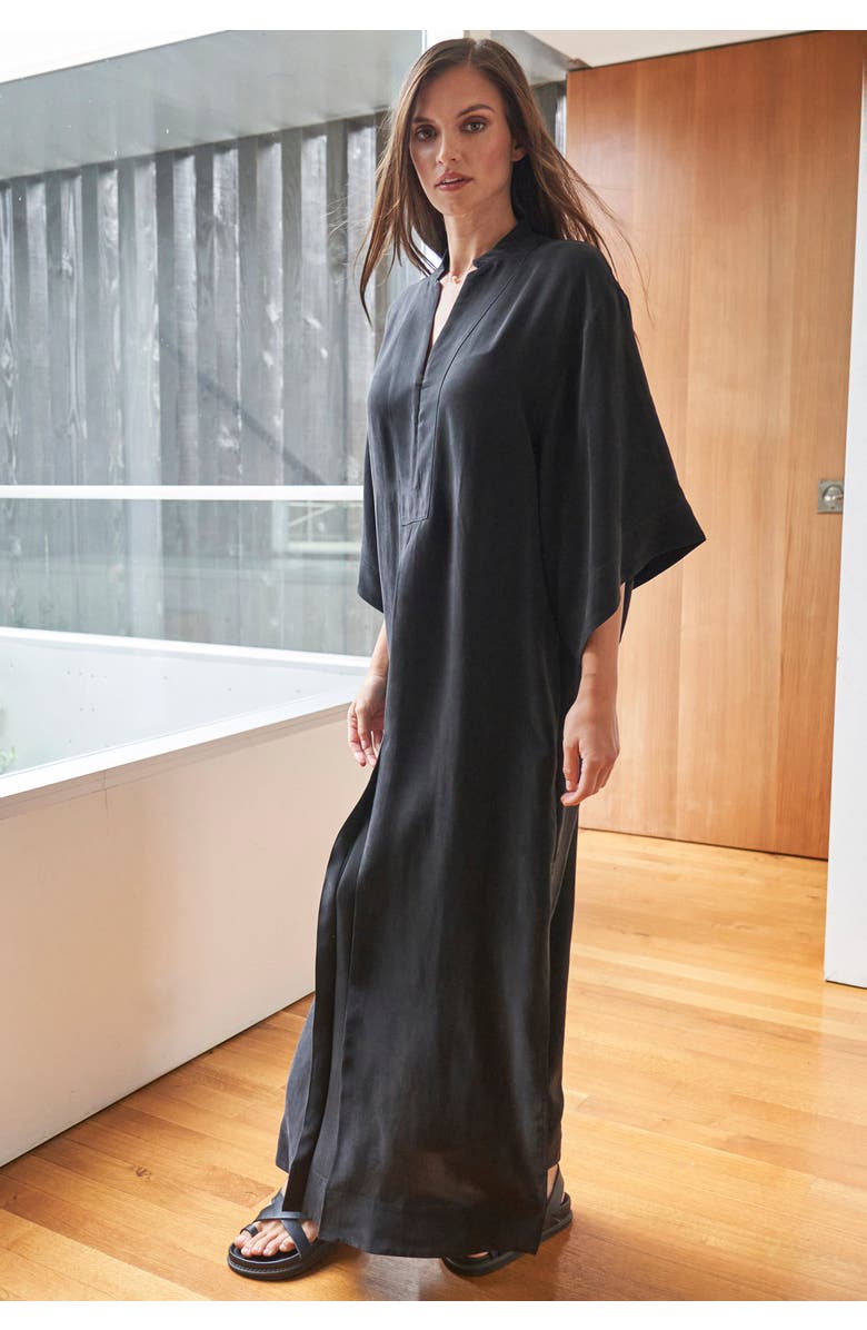 ocean+main Mandarin Collar Cupro Caftan, Alternate, color, Black