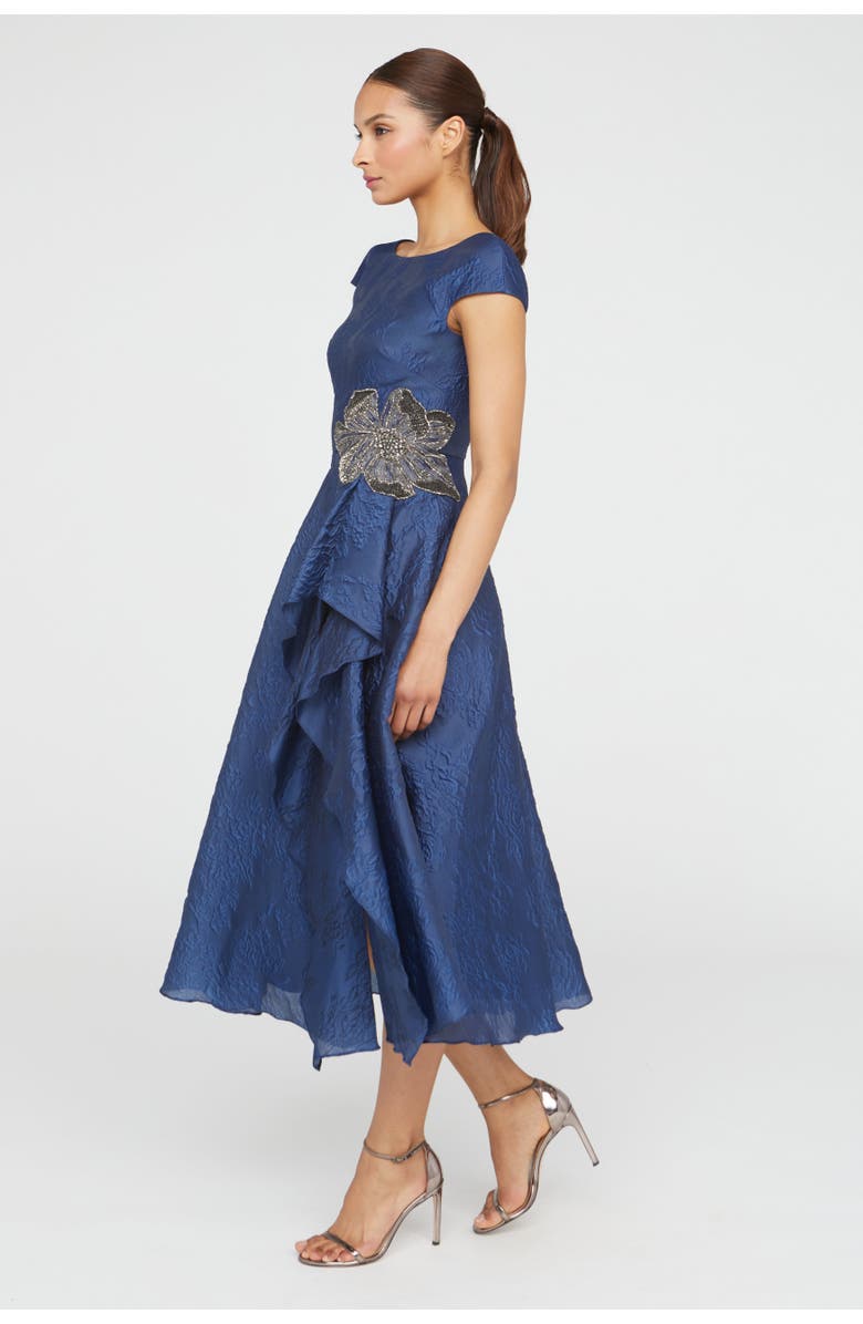 Theia Caity High Low Cocktail Bateau Neck Jacquard Dress, Alternate, color, Midnight Celeste