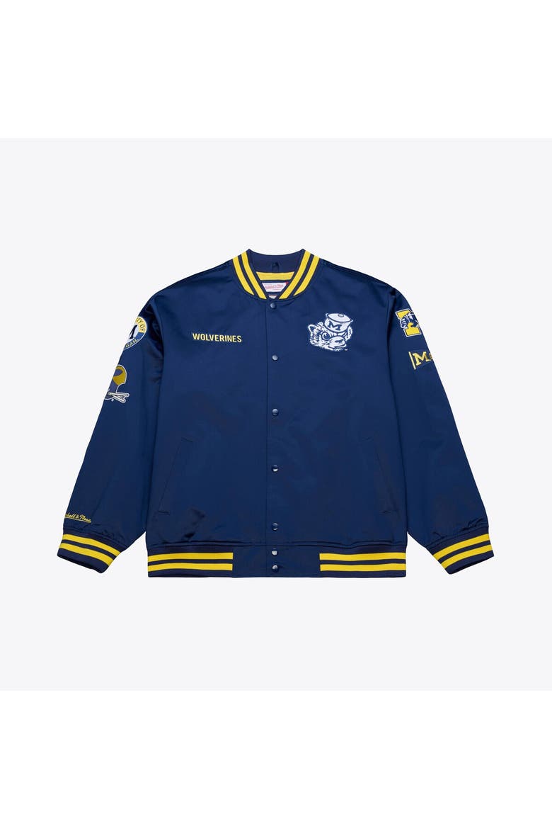 Men's Mitchell & Ness Navy Michigan Wolverines Double Clutch Lightweight Satin Full-Snap Jacket, Main, color, Navy