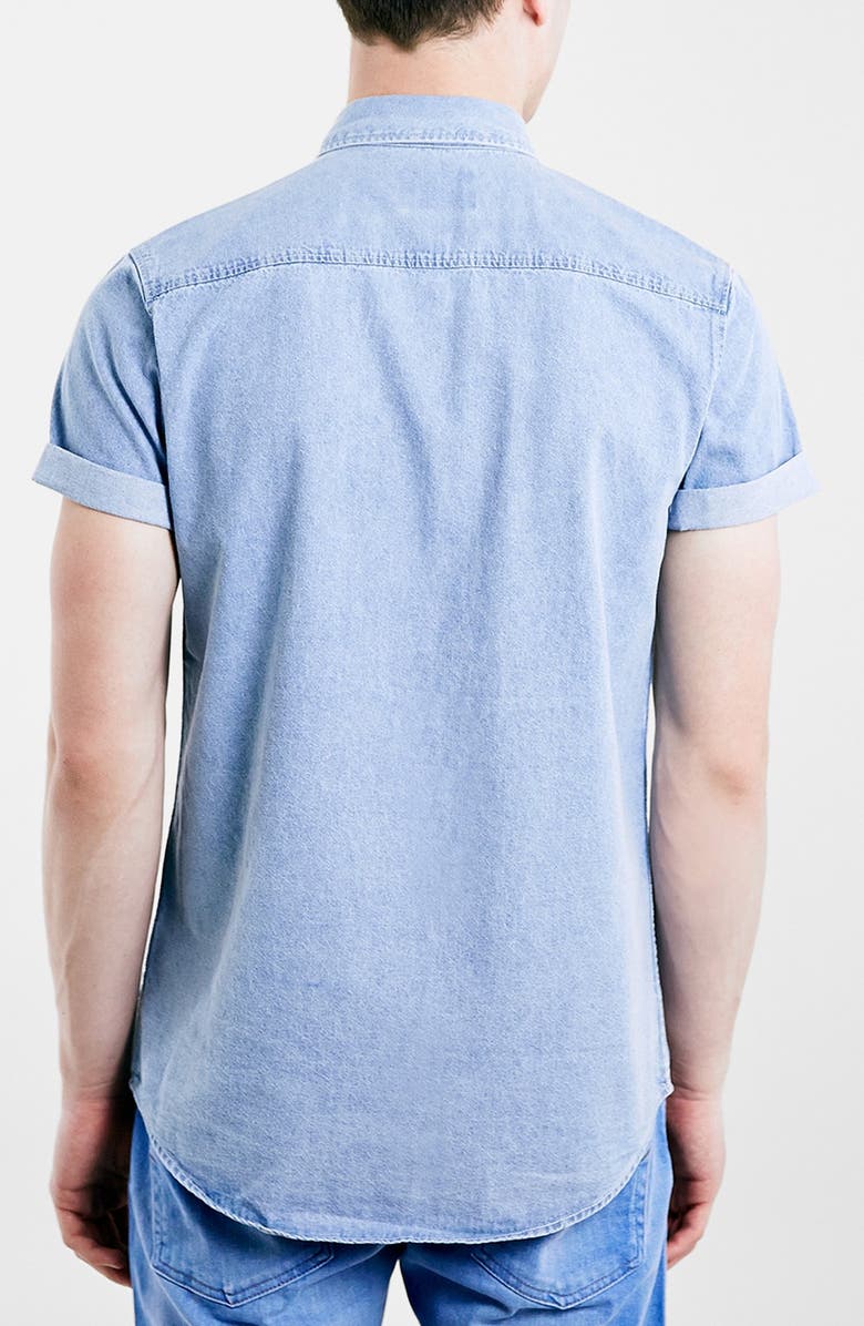 Topman Slim Fit Short Sleeve Washed Denim Shirt, Alternate, color,