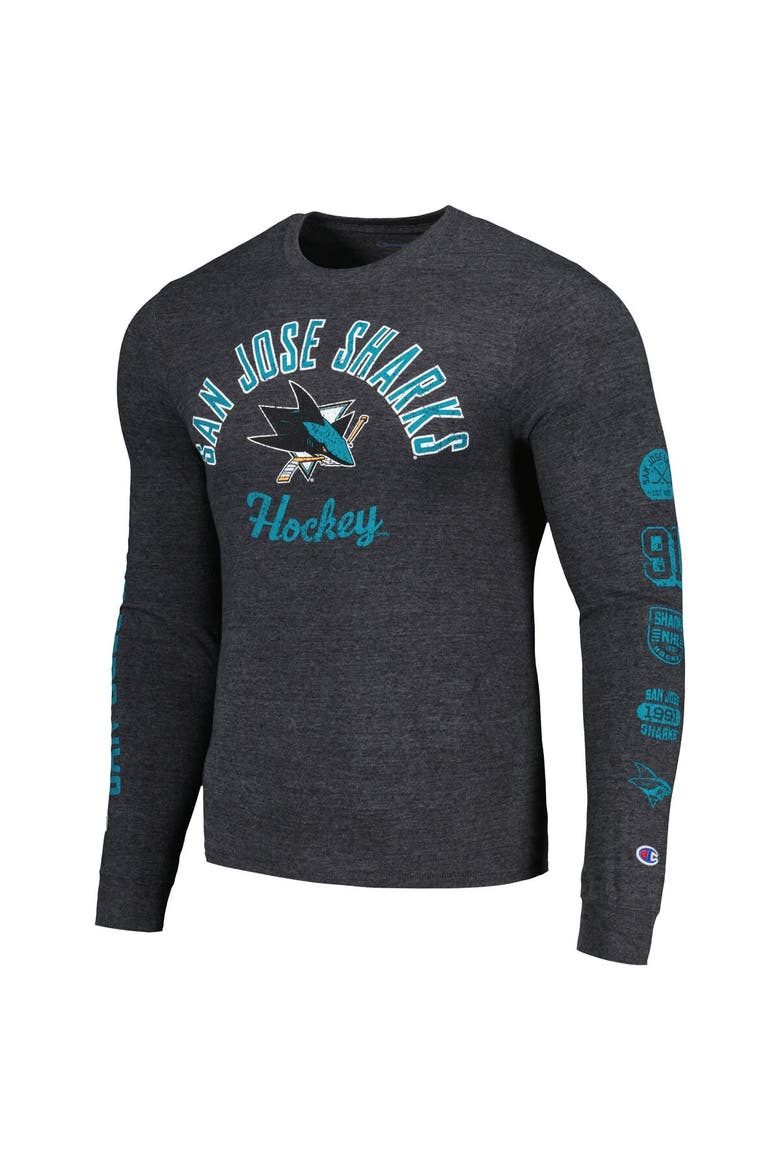 Men's Champion Heather Black San Jose Sharks Multi-Logo Tri-Blend Long Sleeve T-Shirt, Alternate, color, Heather Royal