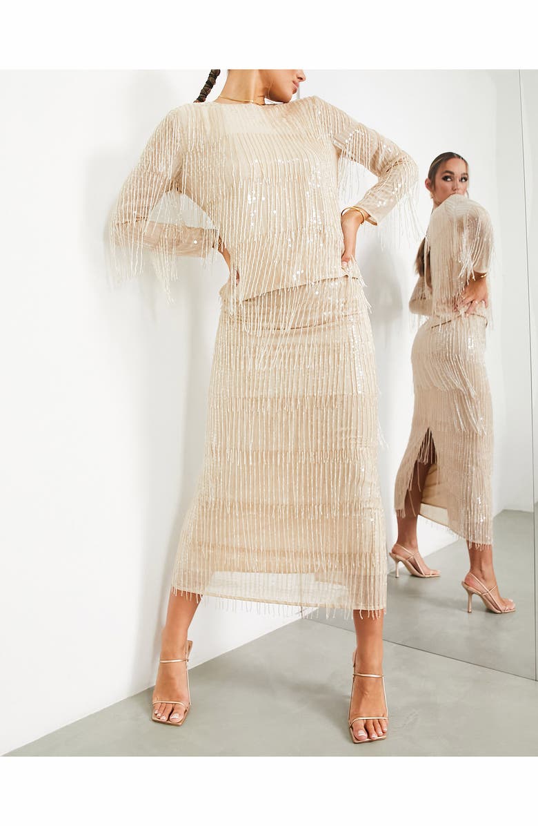 ASOS DESIGN Sequin Fringe Pencil Skirt, Alternate, color, Beige