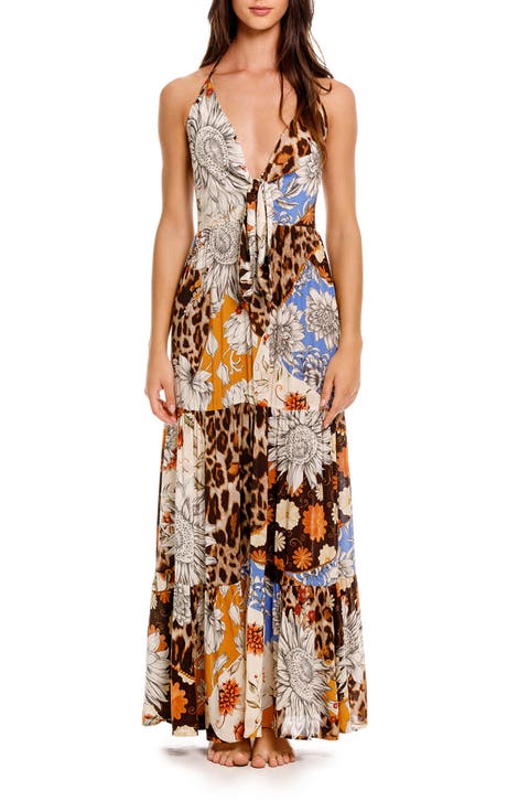 Gabrielle Quilt Tue Front Halter Cover-Up Maxi Dress.