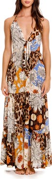 Agua Bendita Gabrielle Quilt Tue Front Halter Cover-Up Maxi Dress.