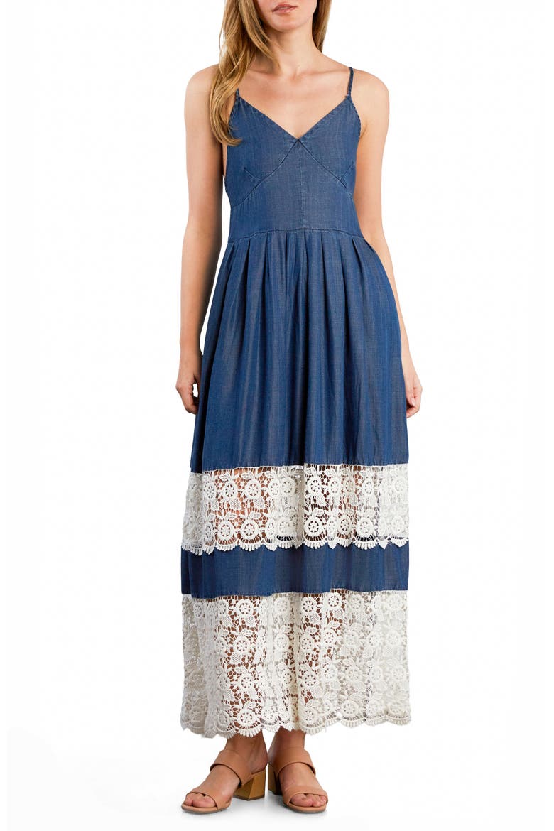 Light Veil Lace Inset Midi Dress, Main, color, DENIM