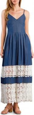Wash Lab Denim Light Veil Lace Inset Midi Dress