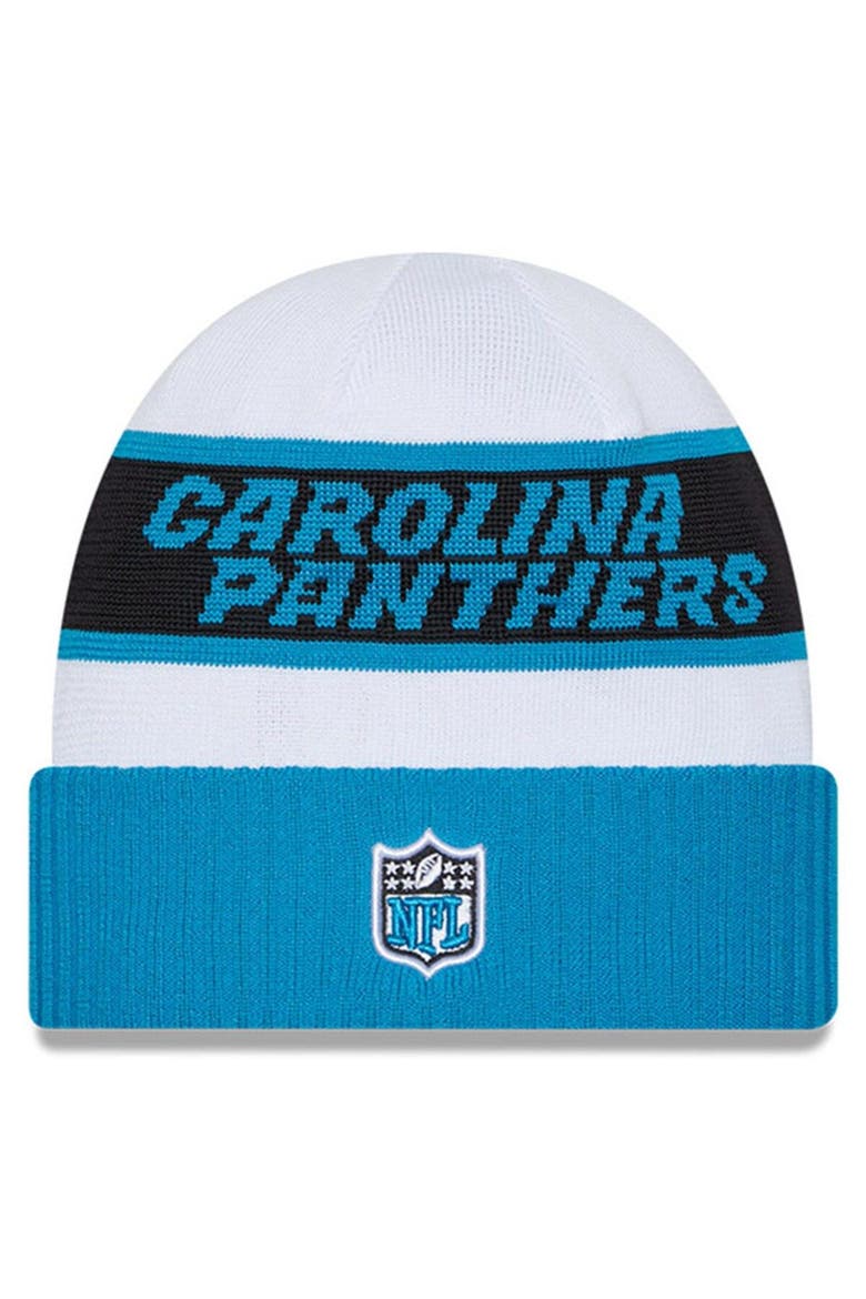 Men's New Era  White/Blue Carolina Panthers 2023 Sideline Tech Cuffed Knit Hat, Alternate, color, White
