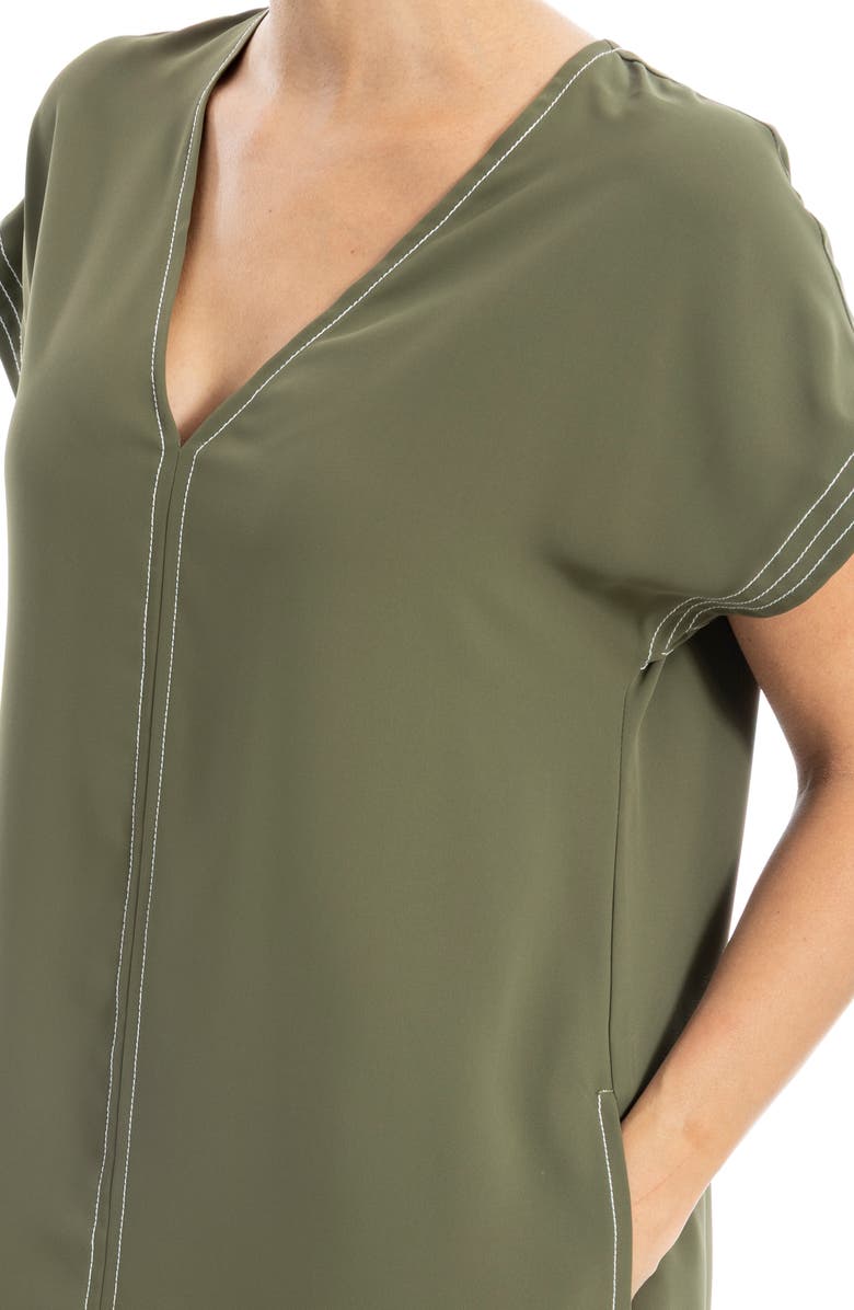 MAX STUDIO V-Neck Contrast Stitch Dress, Alternate, color, Army