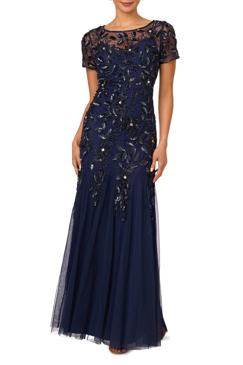Floral Embroidered Beaded Trumpet Gown, Main, color, LIGHT NAVY