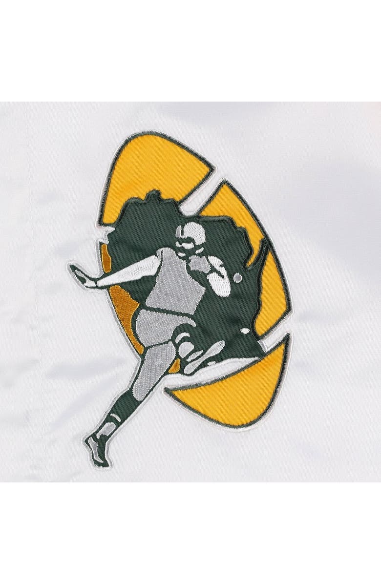 STARTER Men's Starter White Green Bay Packers Throwback Warm Up Pitch Satin Full-Snap Varsity Jacket, Alternate, color,