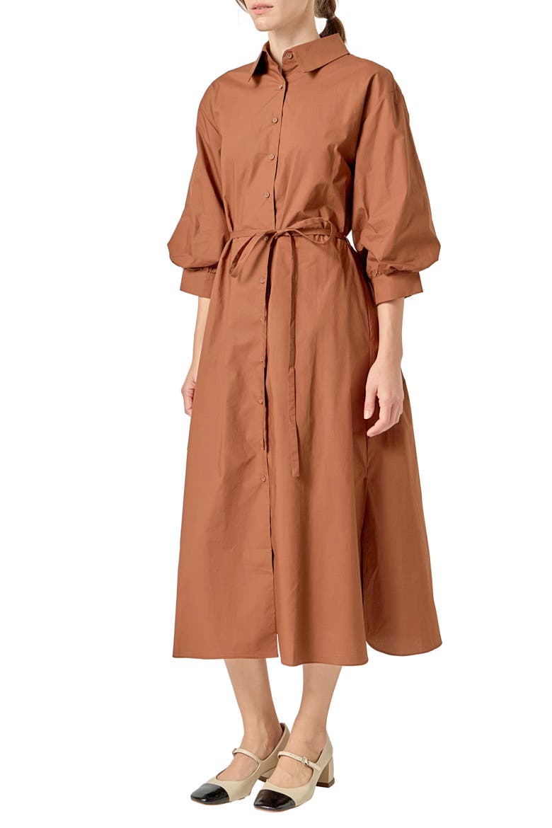 Flared Cotton Midi Dress, Alternate, color, BROWN