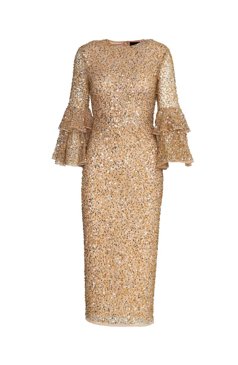 Mac Duggal Fully Sequined Ruffle Tiered 3/4 Sleeve Midi Dress, Alternate, color, Nude