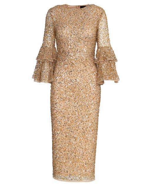 Mac Duggal Fully Sequined Ruffle Tiered 3/4 Sleeve Midi Dress In Nude