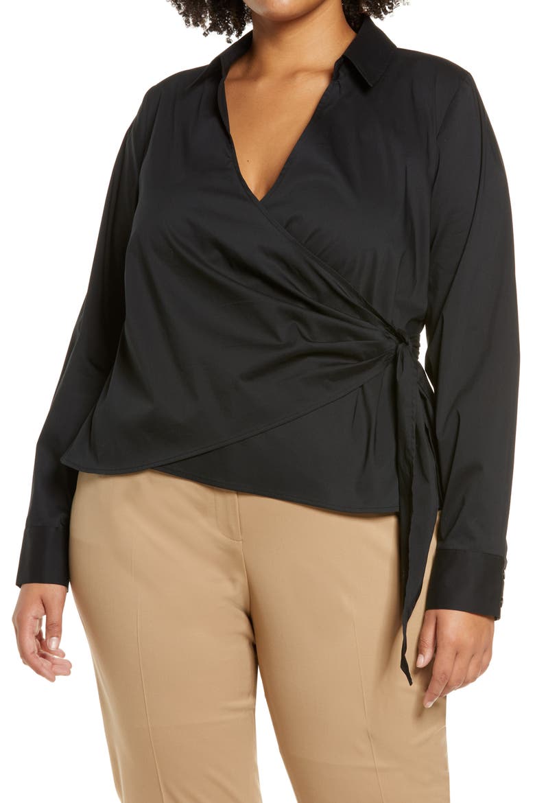 Wrap Front Poplin Top, Main, color, BLACK