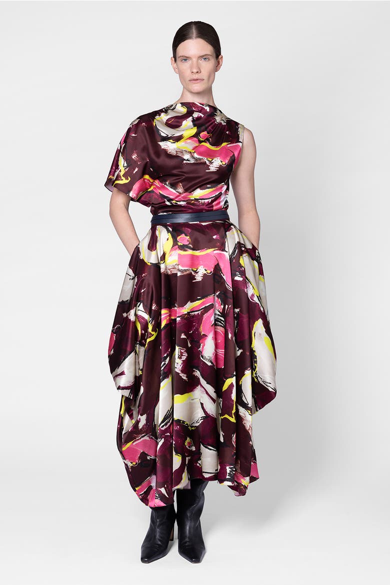 Amari Printed Satin Draped Skirt, Alternate, color, Brush Burgundy