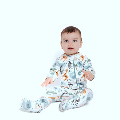 Norani Stretch Organic Cotton Zip Footie In Safari Animals