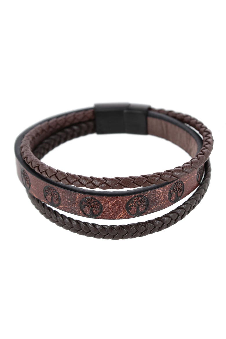 Heritage Oak Tree Leather Tri-Stranded Leather Bracelet, Main, color, Brown