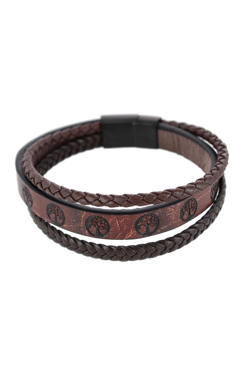 Trafalgar Heritage Oak Tree Leather Tri-Stranded Leather Bracelet, Main, color, Brown