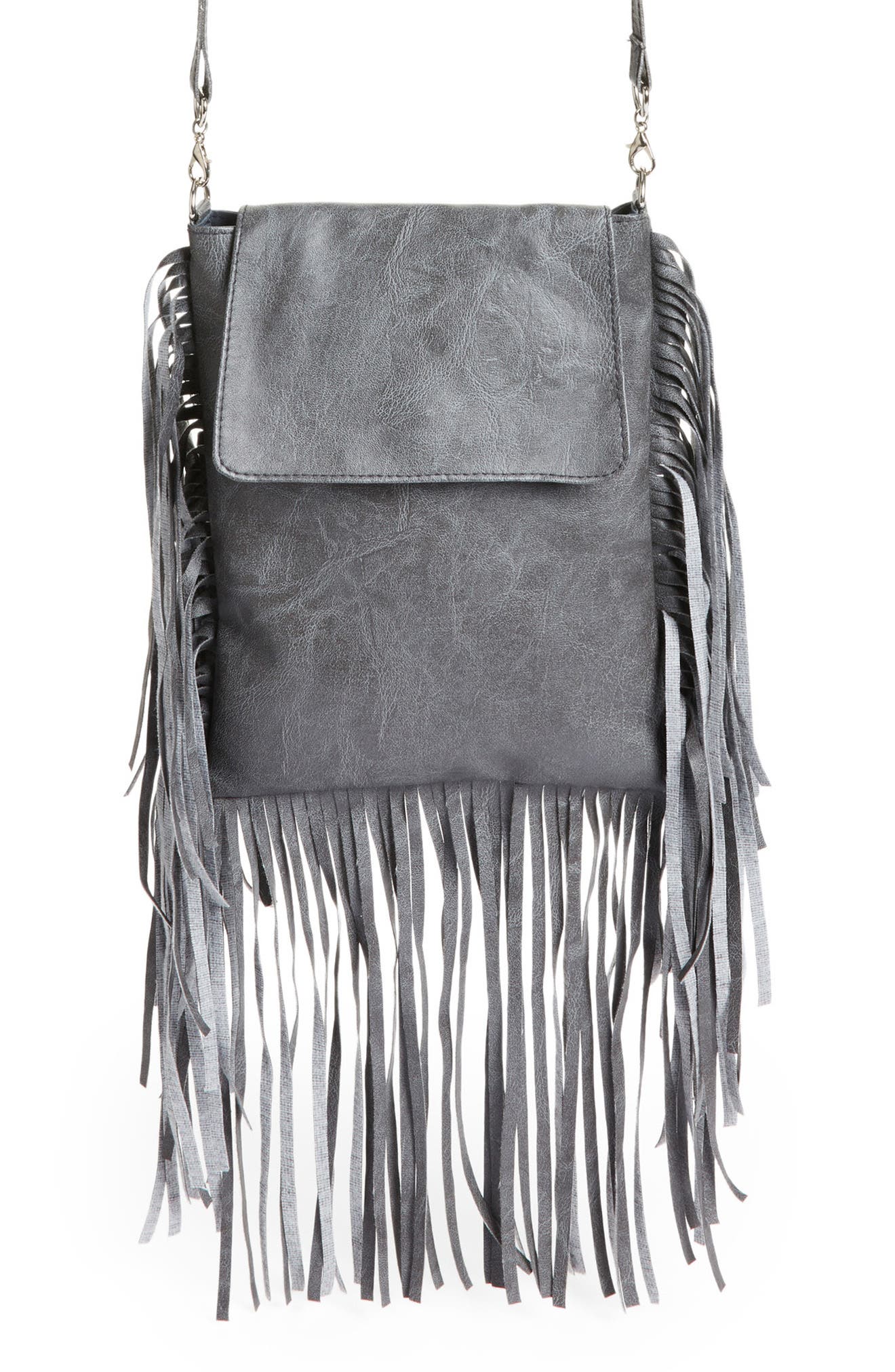 Fringe Faux Leather Crossbody Bag, Main, color, GREY