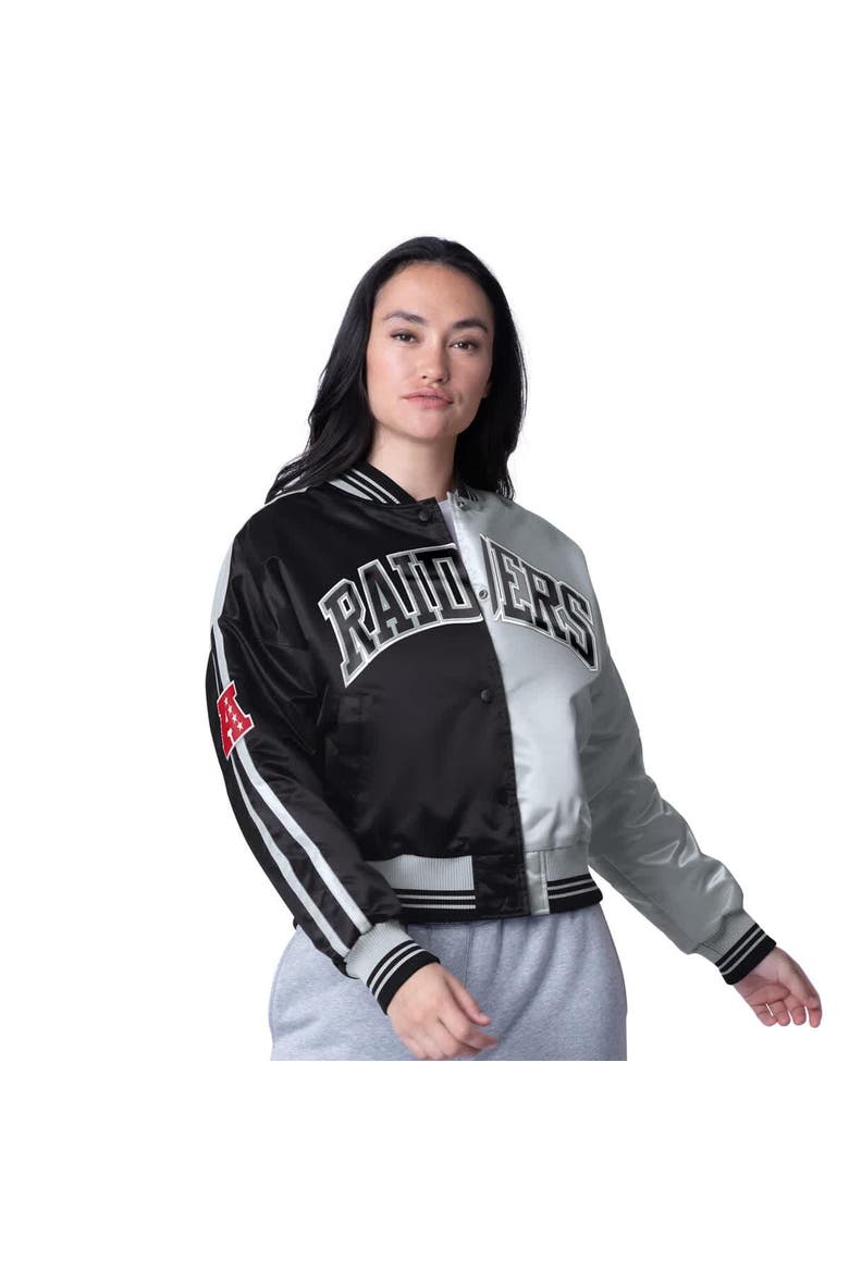 Women's Starter  Black/Silver Las Vegas Raiders Zone Blitz Cropped Full-Snap Satin Jacket, Alternate, color, Black