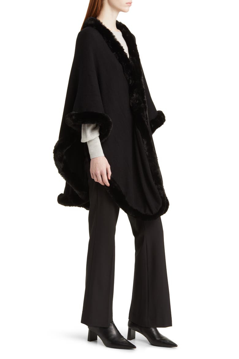 Faux Fur Trim Ruana, Alternate, color, BLACK