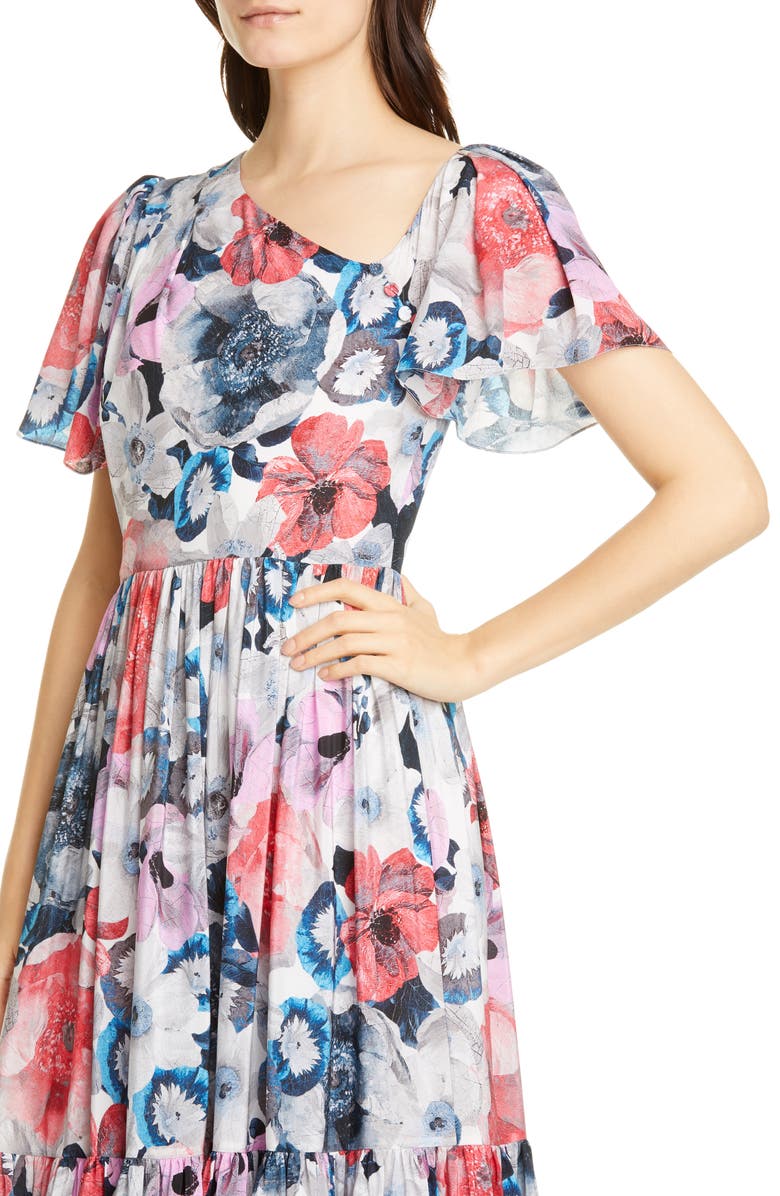 Erdem Floral Print Asymmetrical Neck Silk Midi Dress, Alternate, color, 