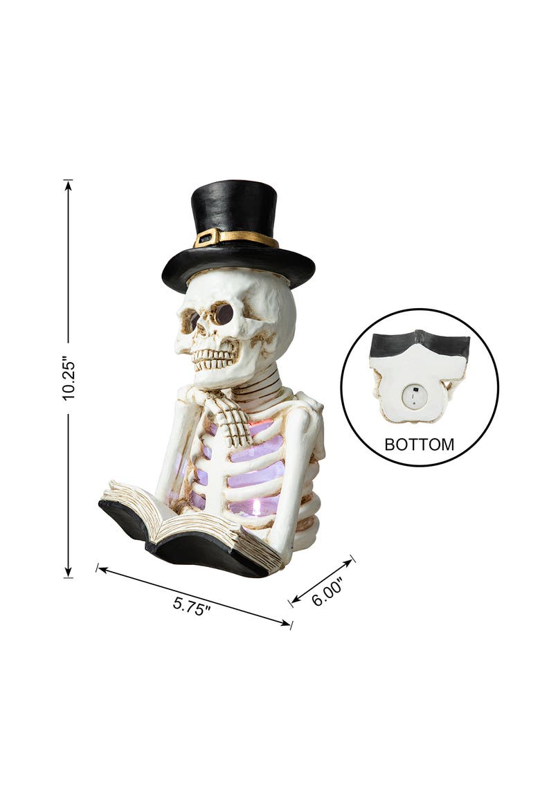 10.25"H Halloween Lighted Resin Skull Reading Book Table Decor, Alternate, color, White
