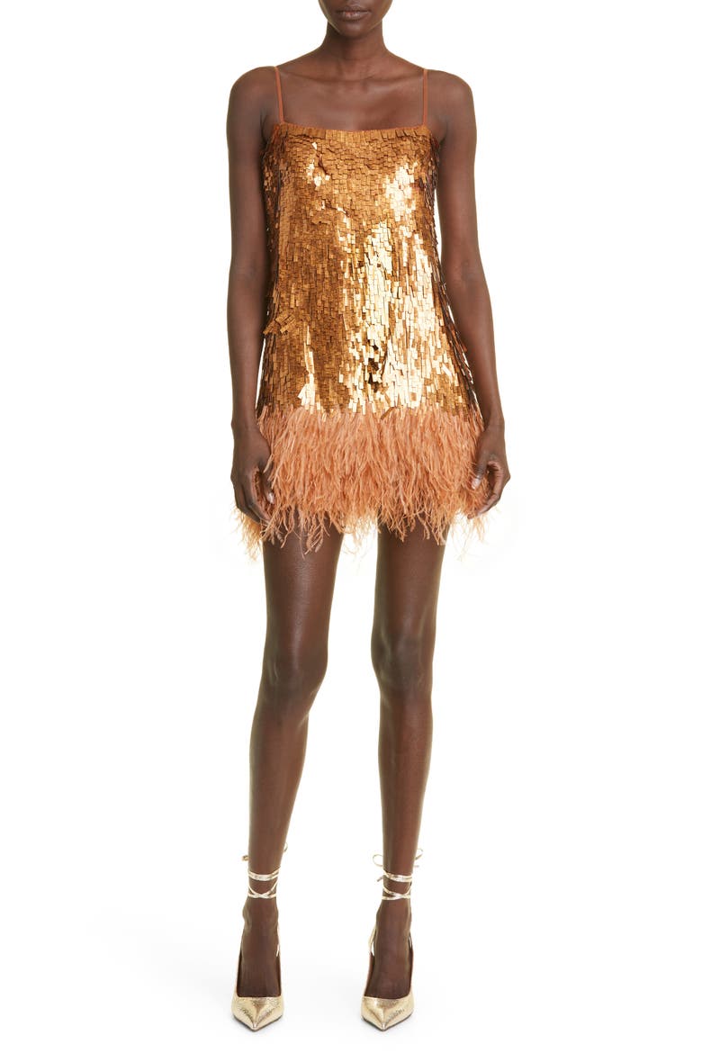 Chemical Attraction Metallic Feather Trim Minidress, Main, color, GOLD