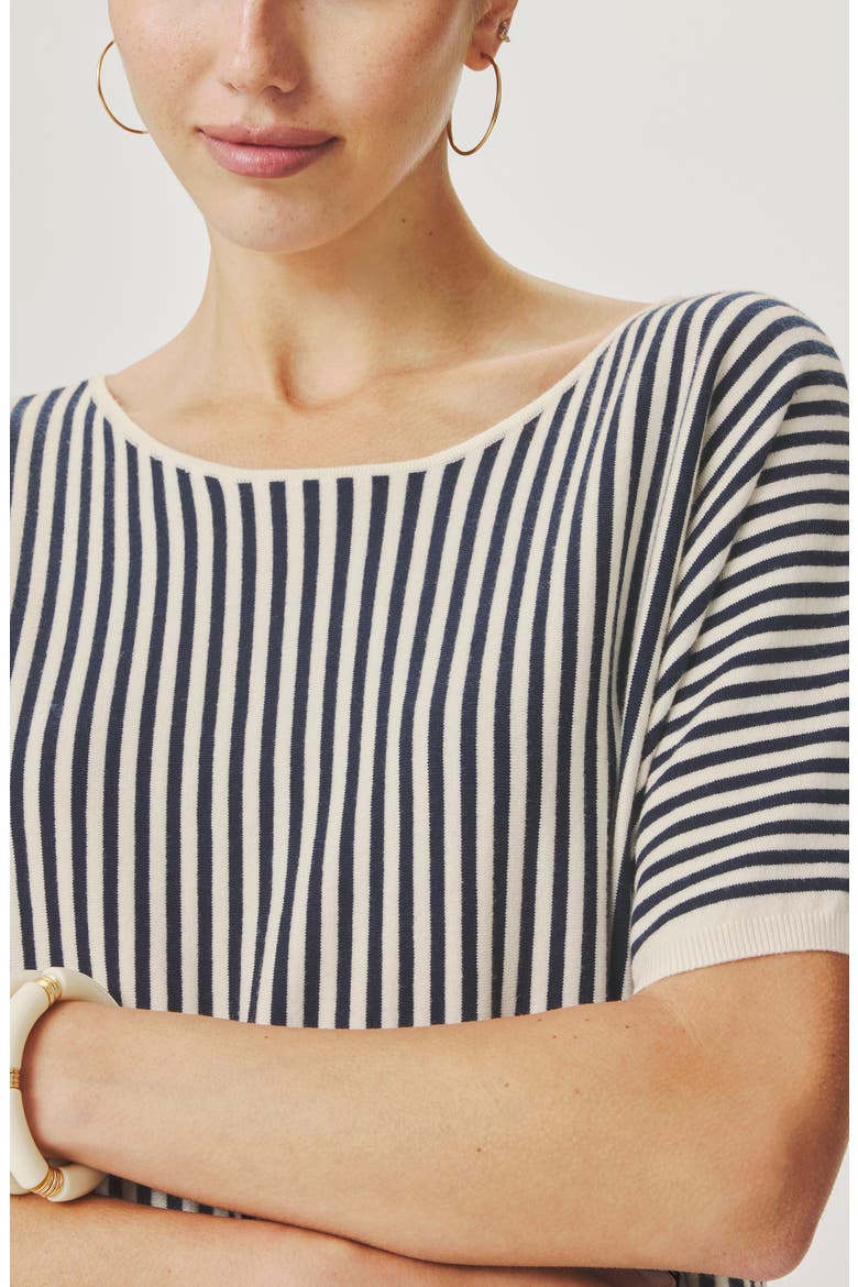 Christa Stripe Short Sleeve Sweater, Alternate, color, MOOD INDIGO BLUE/ WHITE