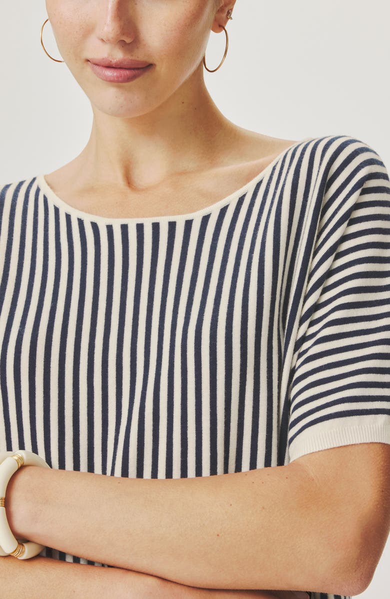 Splendid Christa Stripe Short Sleeve Sweater, Alternate, color, Mood Indigo Blue/ White