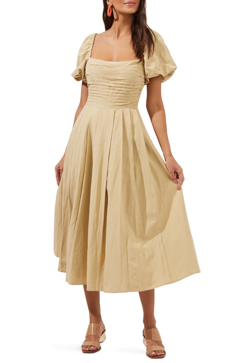 Pleated Bodice Bubble Sleeve Dress, Main, color, DUSTY YELLOW