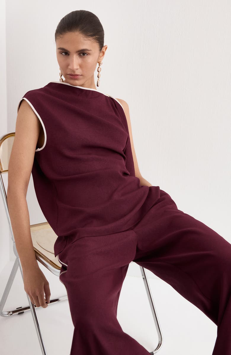 MANGO Contrast Stripe Straight Leg Pants, Alternate, color, Burgundy/ Ecru