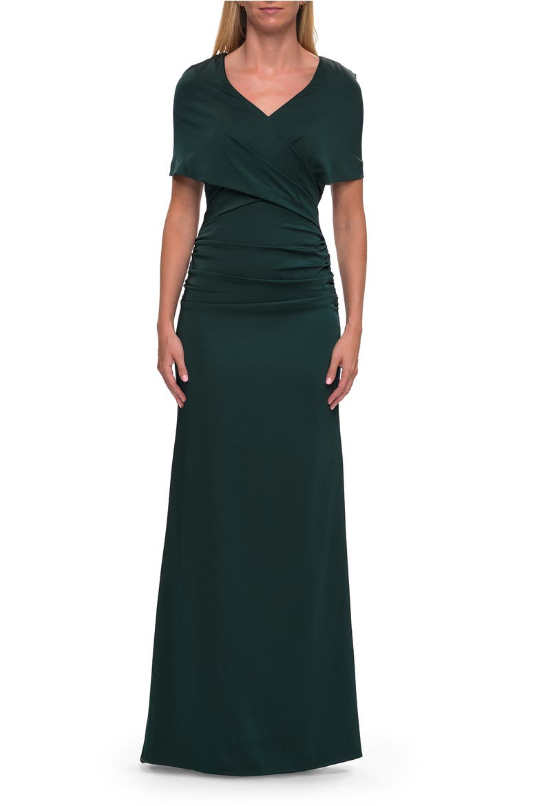 Jersey Gown with Draped Bodice and Short Sleeves, Main, color, Dark Emerald