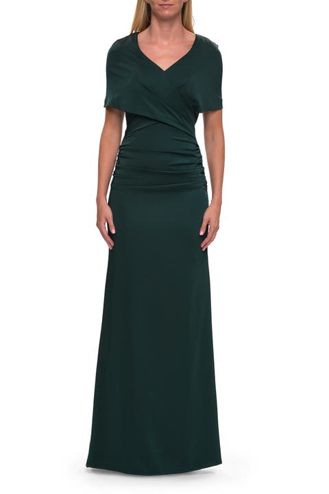 Jersey Gown with Draped Bodice and Short Sleeves