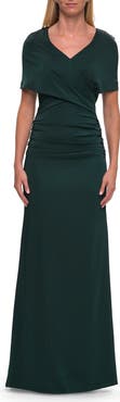 La Femme Jersey Gown with Draped Bodice and Short Sleeves
