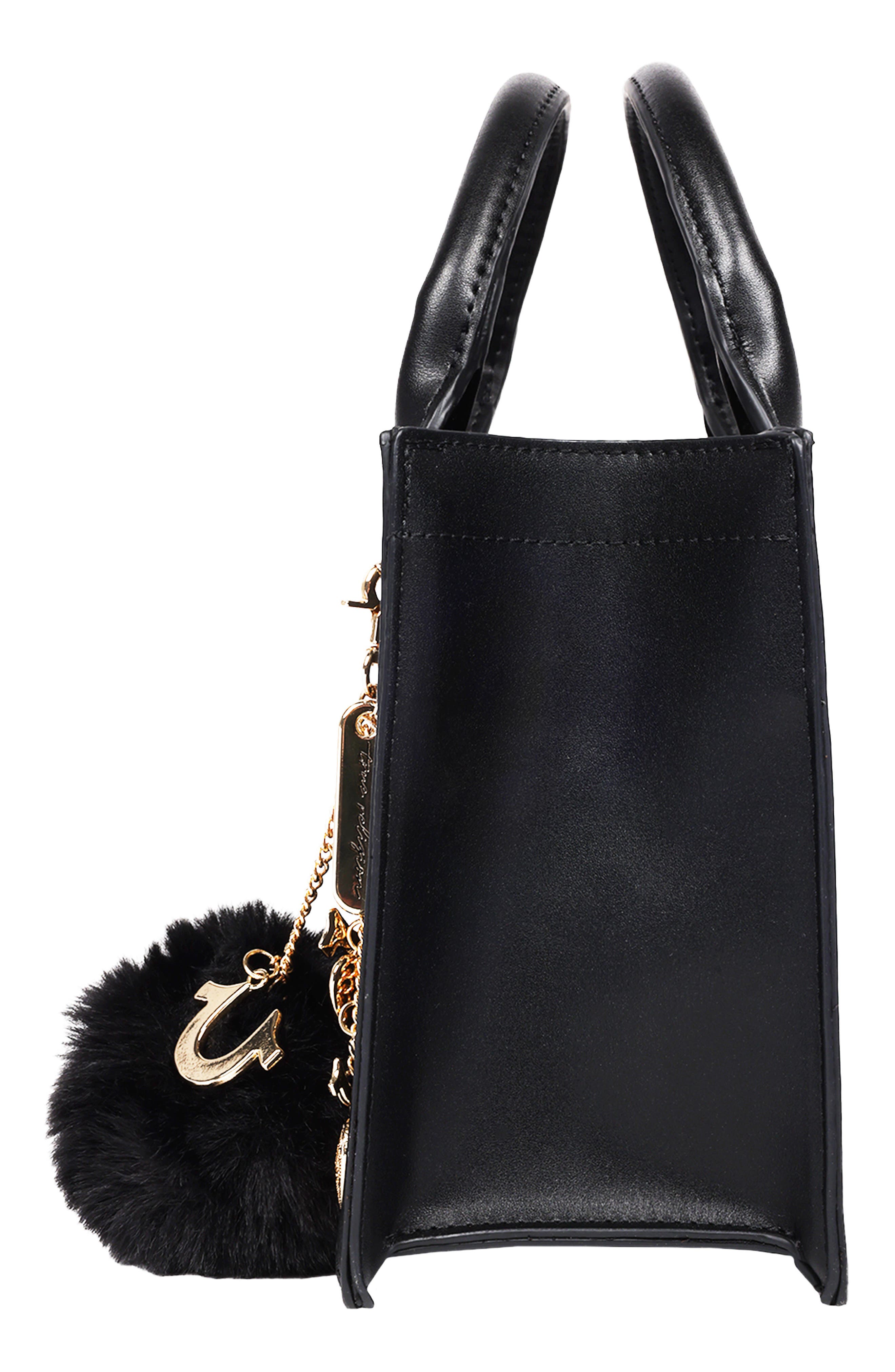 True Religion Pompom Keychain Horseshoe Tote Bag, Alternate, color, Black