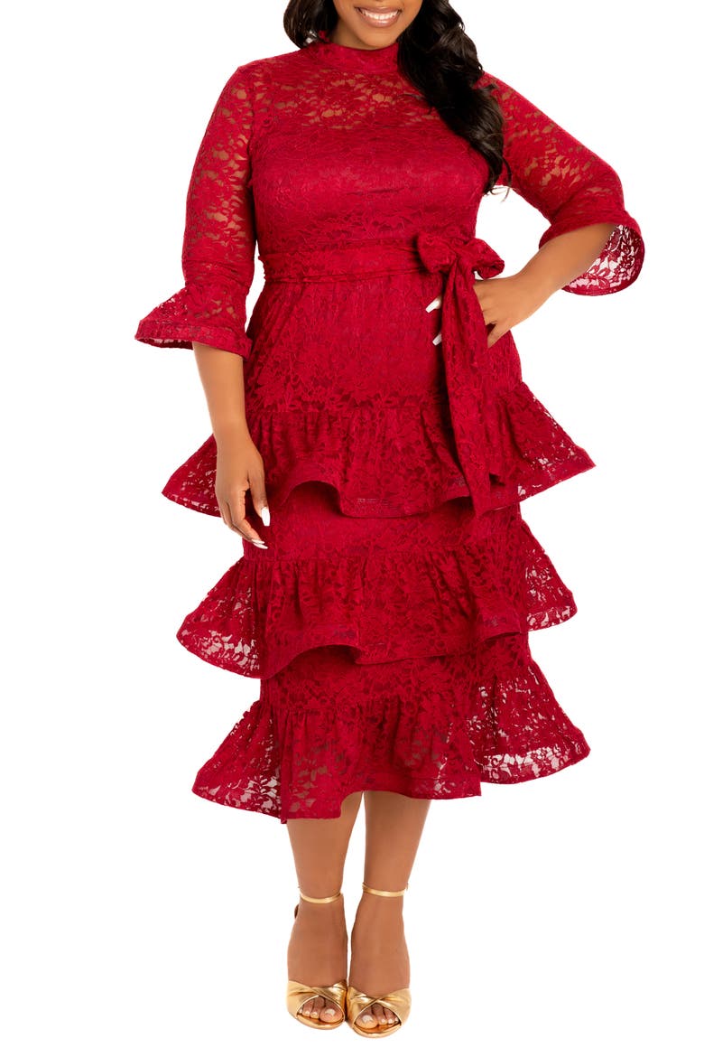Tiered Lace Long Sleeve Maxi Dress, Main, color, BURGUNDY