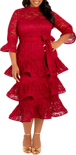 Buxom Couture Plus Size Lace Bell Sleeve Tiered Dress - Burgundy