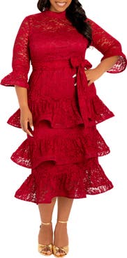 BUXOM COUTURE Tiered Lace Long Sleeve Maxi Dress