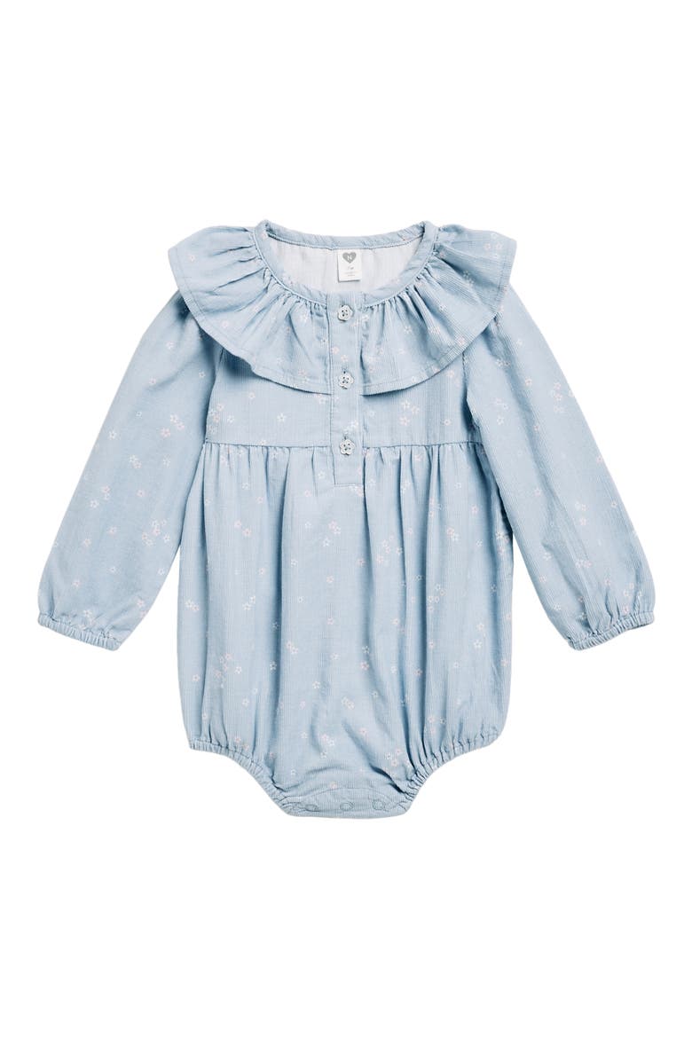 Corduroy Ruffle Bubble Romper, Main, color, BLUE SUBDUED PETITE FLOWERS