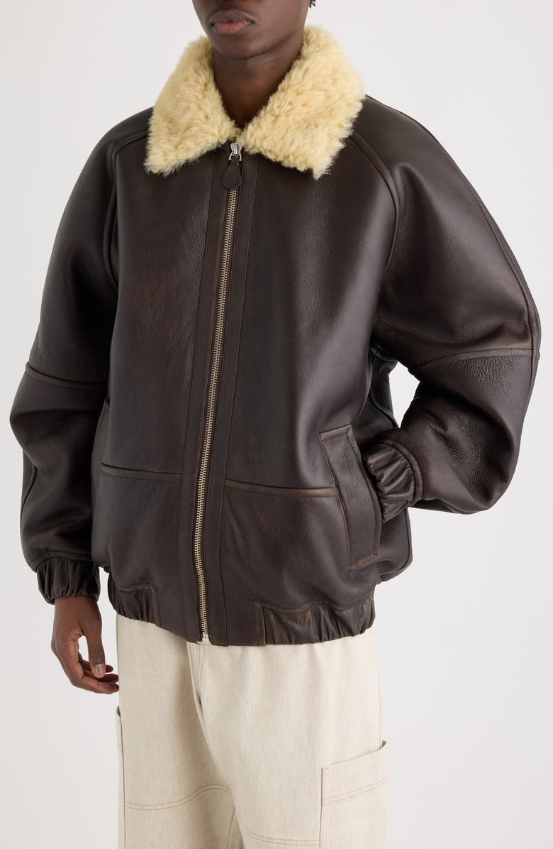 Jacquemus Le Bombardier Lambskin Leather & Genuine Shearling Aviator Jacket, Alternate, color, Dark Brown