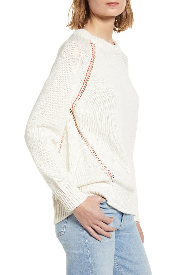 Contrast Stitch Slouchy Sweater, Alternate, color, NATURAL WHITE AND HOT RED
