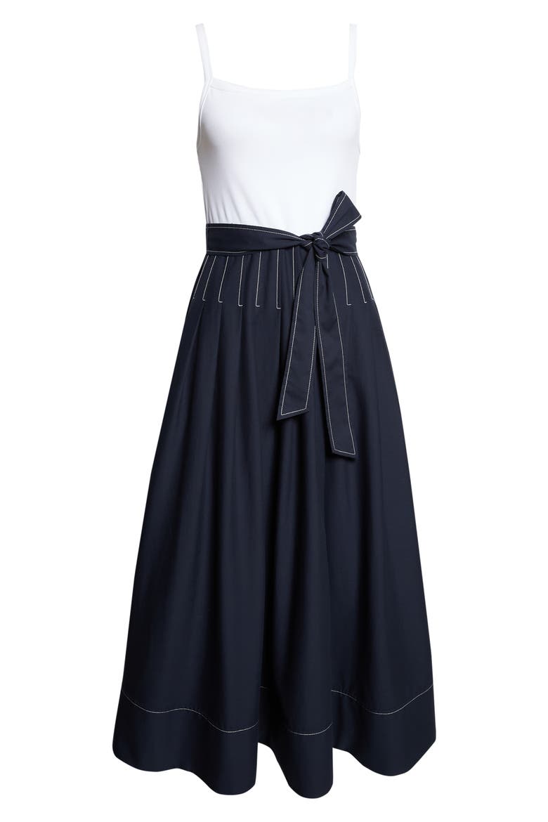 Olivia Mixed Media Midi Dress, Alternate, color, WHITE/ NAVY