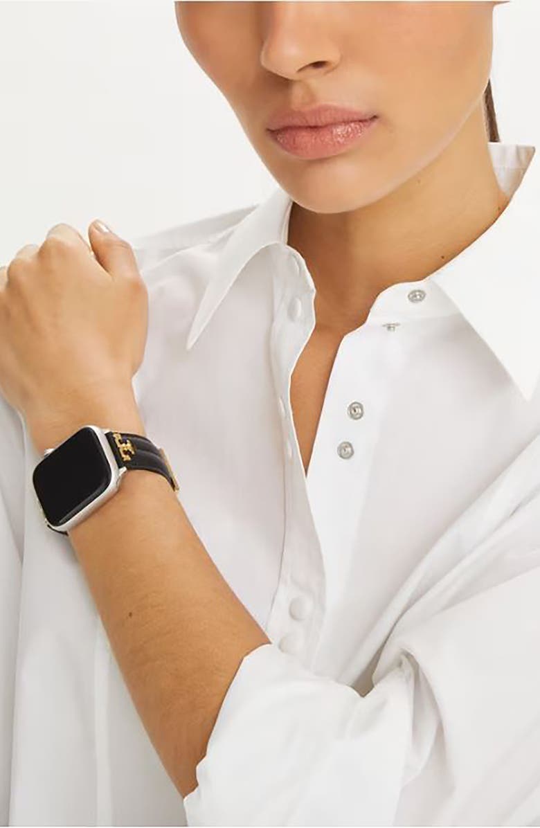 Tory Burch The Kira Leather 20mm Apple Watch<sup>®</sup> Watchband, Alternate, color, Black