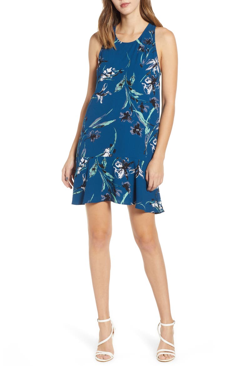 Flounce Hem Dress, Main, color, BLUE POSEIDON DANCING FLORAL