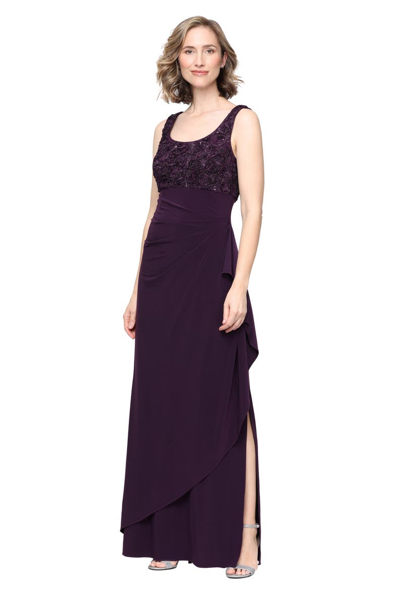 Sequin Soutache Bodice Empire Waist Chiffon Gown with Bolero Jacket, Alternate, color, DEEP PLUM