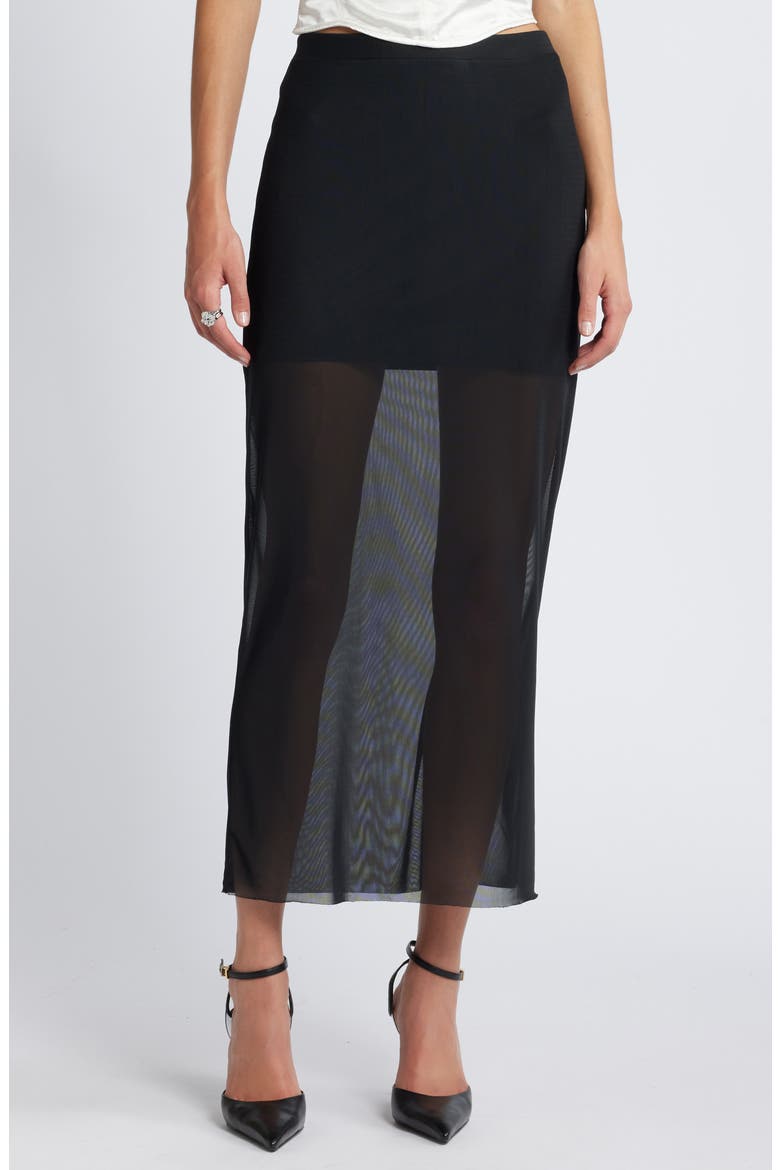 Sheer Mesh Midi Skirt, Main, color, BLACK