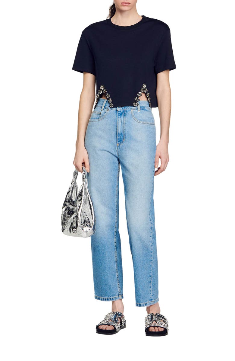 SANDRO Giada Beaded Vent Cotton Blend Top, Alternate, color, 